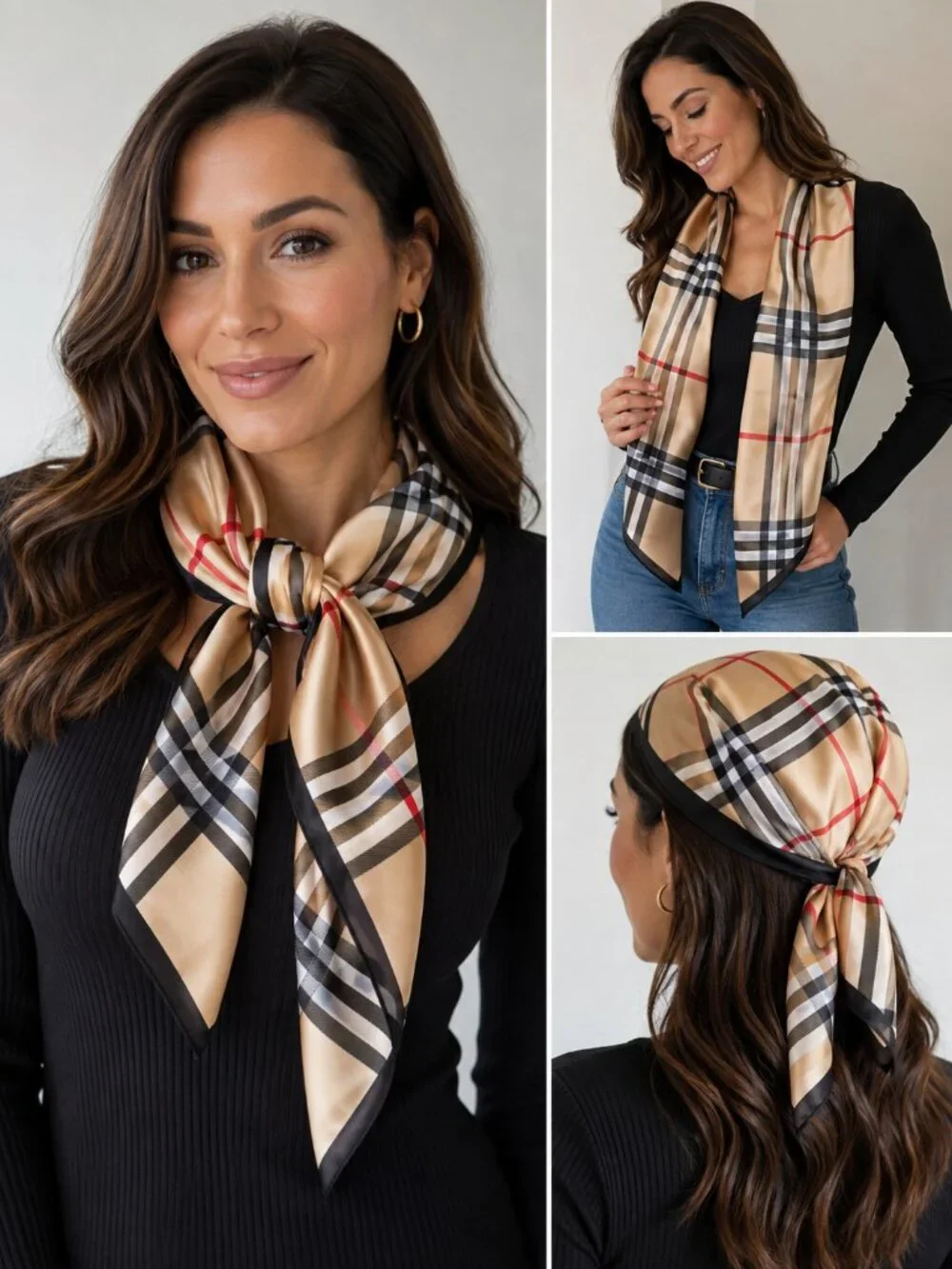 Plaid Satin Scarf Beige Black Red Check Print NWT One Size